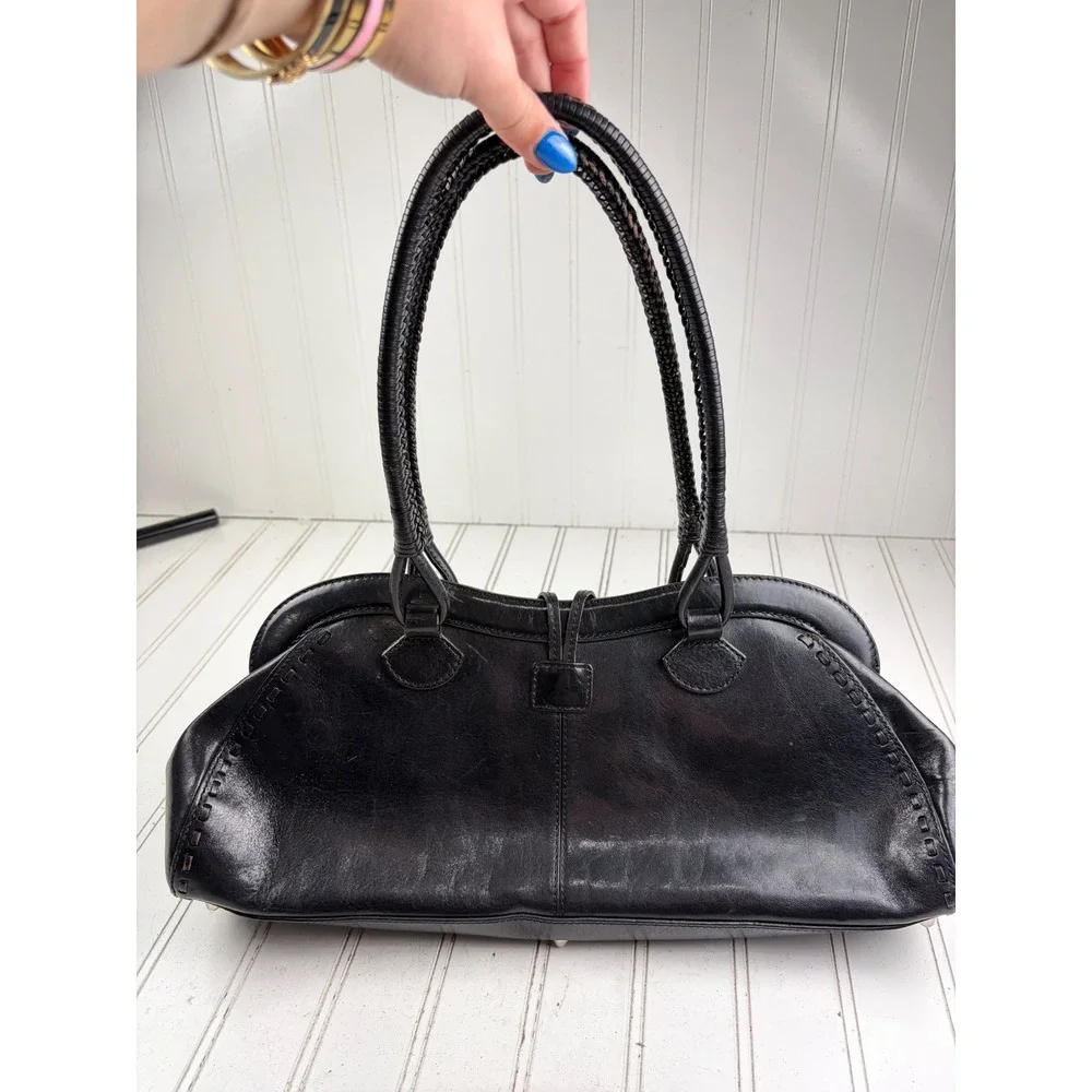 Maxx New York Vintage Boho Y2K Black Leather Braided Handle Shoulder Bag